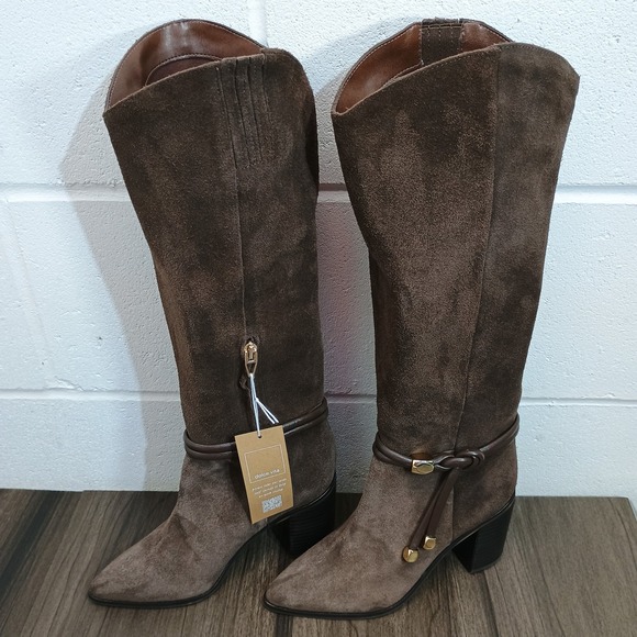 Dolce Vita Brown Suede Knee High Western Boots Pointed Toe Block Heel Zip Size 5 - Picture 2 of 16